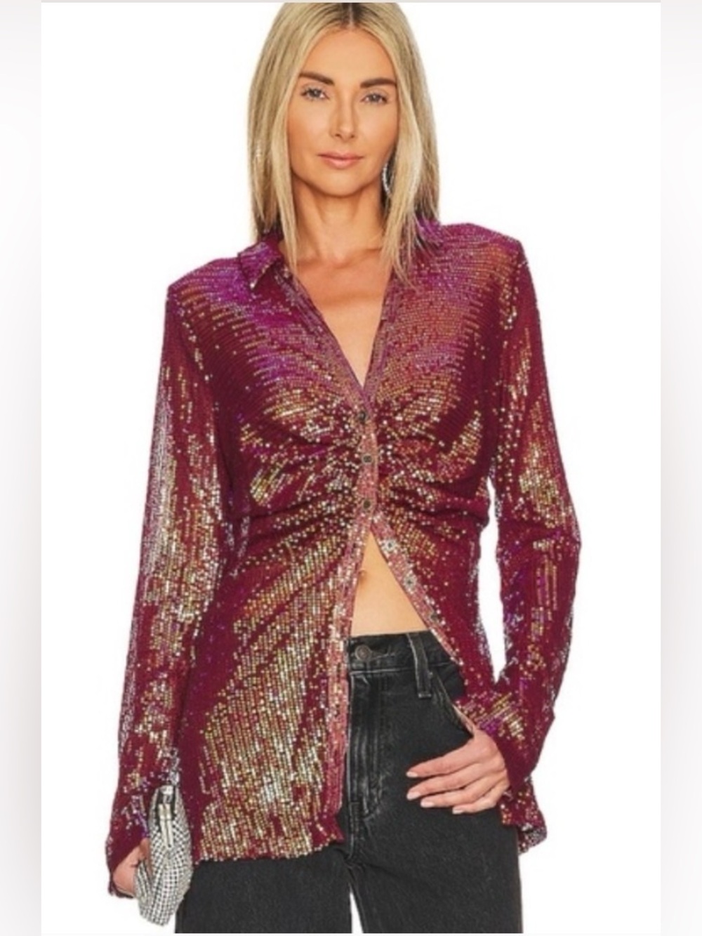 Free People Magenta Sequin Long Sleeve Button Down Shirtee Top Size Small